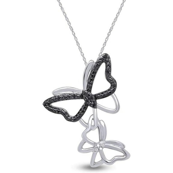Real 925 Sterling Silver 14K White Gold Plated Round Cut White & Black Diamond Mother Butterfly Shape Pendant Necklace For women