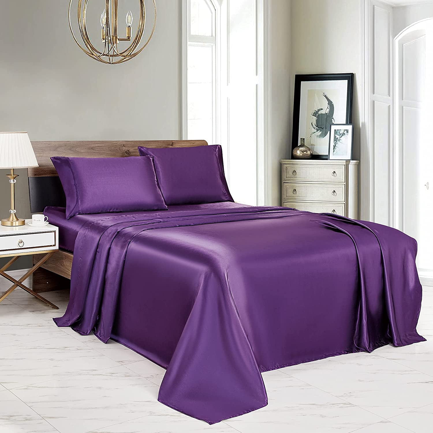 New Full Size High Quality Silk Feel Satin Pillowcase+Fitted+Flat Bed Sheet Set 