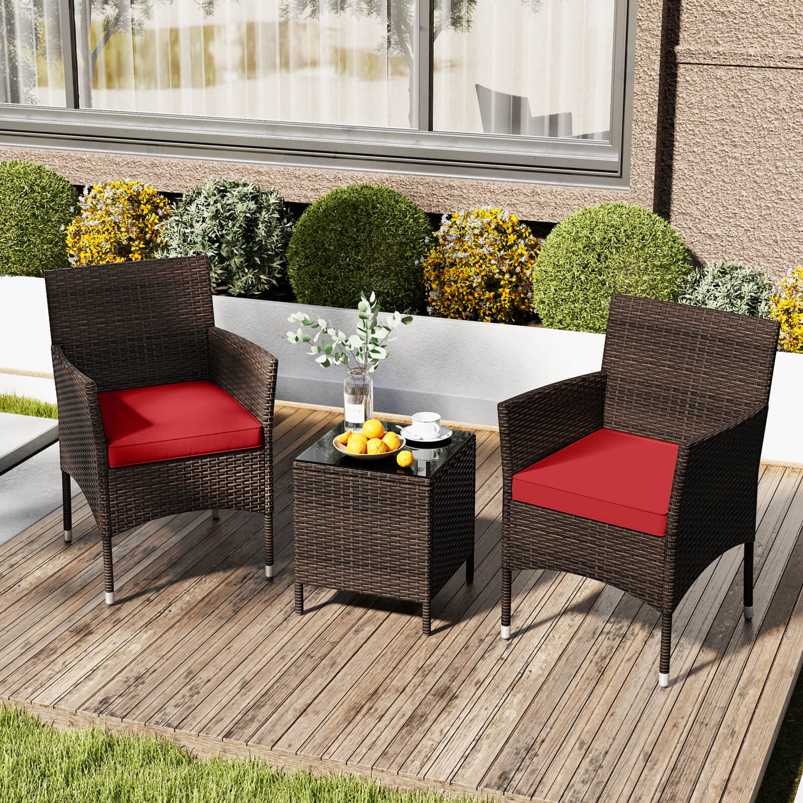 Costway 3PCS Patio Rattan Furniture Set Cushioned Sofa Glass Tabletop Deck Red