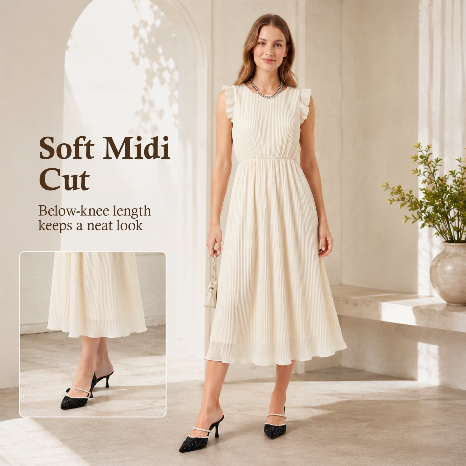 Alvantor Women's Ruffle Sleeve Midi Dress with Pleated Overlay, Ivory