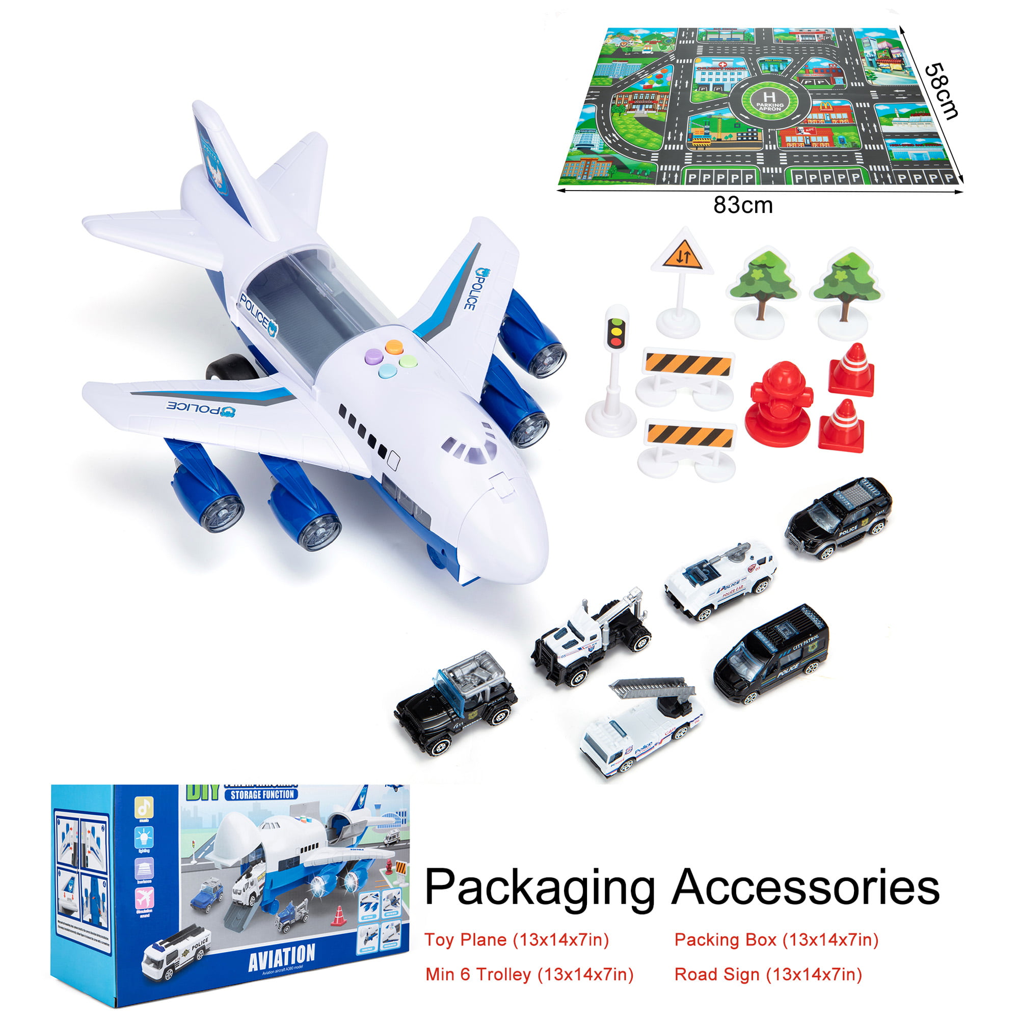 Medium Dwi Dowellin Transport Cargo Airplane Toys with Construction Cars Toy Set and Play Mat,Plane with Light Up and Sounds,Birthday Gift for 3 4 5 6 Years Old Kids Boys Girls