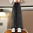 thumbnail image 3 of Girls Jeans Cargo Baggy Wide Leg Denim Straight Loose Pants Tween High Elastic Waistband with Pockets Youth Teen Casual Pants(,Color:Black,Size:10-11 Years), 3 of 7