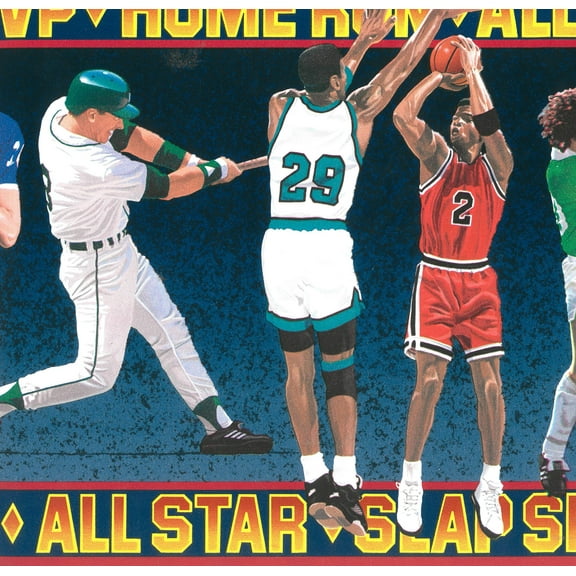 Dundee Deco Prepasted Wallpaper Border - Sports Blue, Red, Yellow, Football, Baseball, Soccer, Basketball, Hockey, 15 ft x 11.5 in