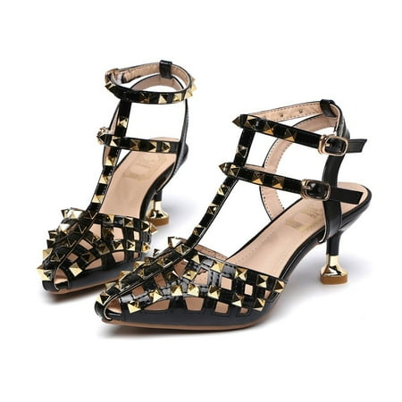 

Clearance Summer Pointed Head Women Hollow Out Rivet Middle Heels Ankle Strap Sandals