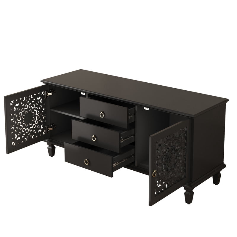 Vintage TV Stand with Carved Doors for 65'' TVs, Freestanding Storage Cabinet Media Console with Drawers & Adjustable Shelf