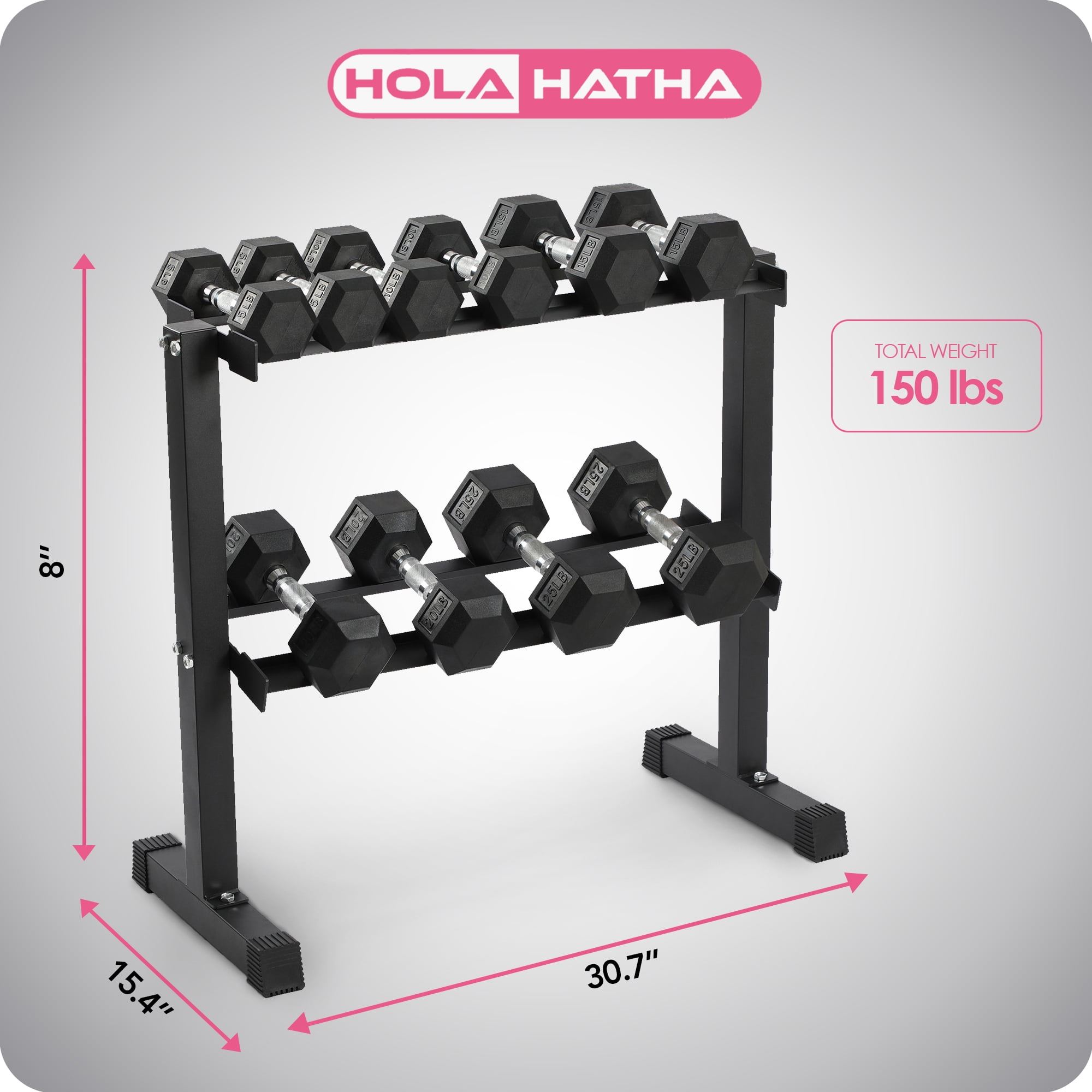 HolaHatha 5, 10, 15, 20, and 25 Pound Rubber Encased Weight Set with Rack