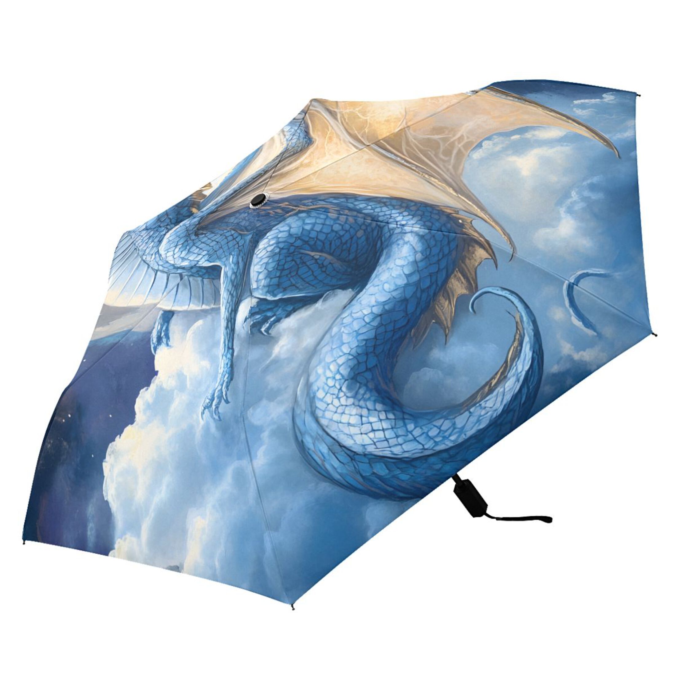 Dragon with Wing on Cloud Moon All Weather Umbrella Triple Folding Parasol 6 Ribs UV Protection Portable