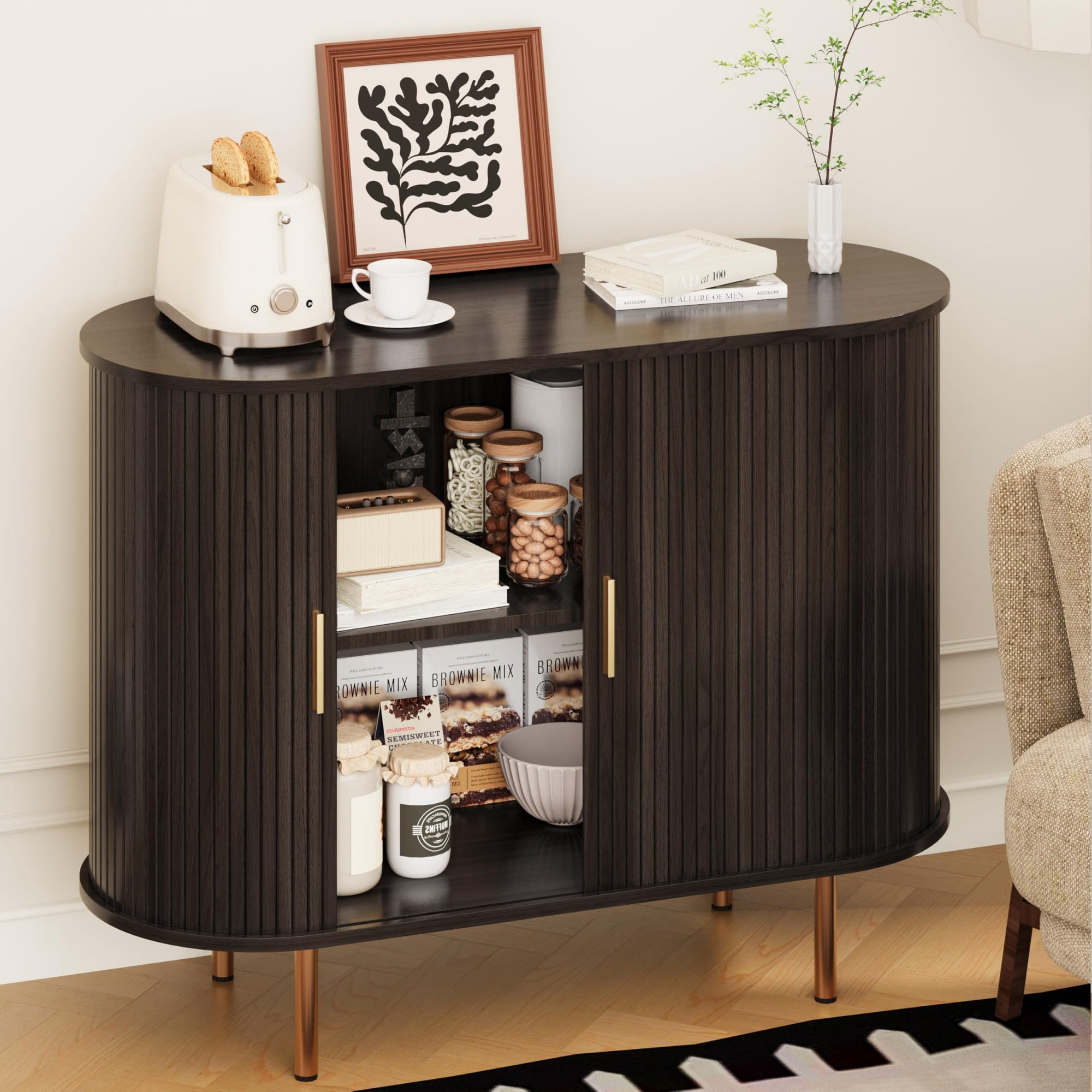 Mid Century Modern Sideboard Buffet Cabinet, 39 Inch Fluted Coffee Bar Console with Tambour Sliding Doors, Coffee