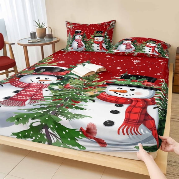 Queen Size Fitted Sheet Set - Red Snowman Christmas 3 Piece Bedding Sets 16" Deep Pocket Fitted Sheet with 2 Pillowcases, Xmas Tree Snowflake Winter Birds Brushed Microfiber Hotel Luxury Bed Sheets