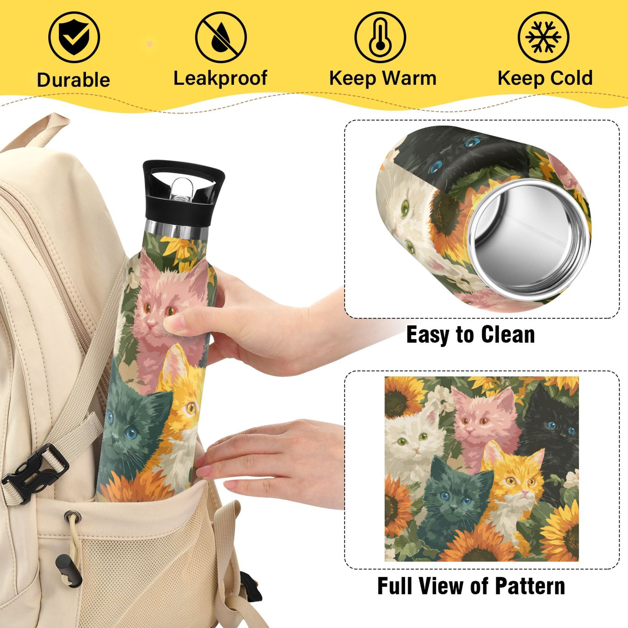 Kids Insulated Stainless Steel Sports Water Bottle 600ml (20oz) Various Colors Cat
