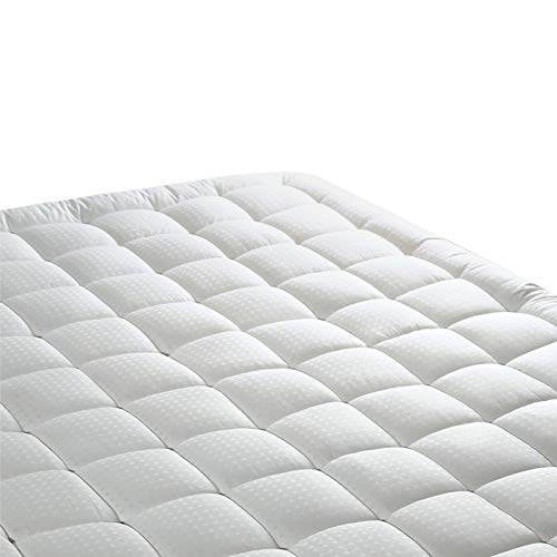 COTTONHOUSE Cooling Mattress Topper Pad Cover Cotton Top Pillow Top with Down Alternative Fill Grey Stripe King 8-21 Fitted Deep Pocket