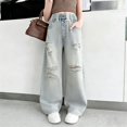 thumbnail image 2 of Ruyang Girls Star Patch Jeans Cute Wide Leg Y2K Loose Denim Pants Teens Baggy Elastic High Waist Jeans Preppy Trousers, 2 of 9