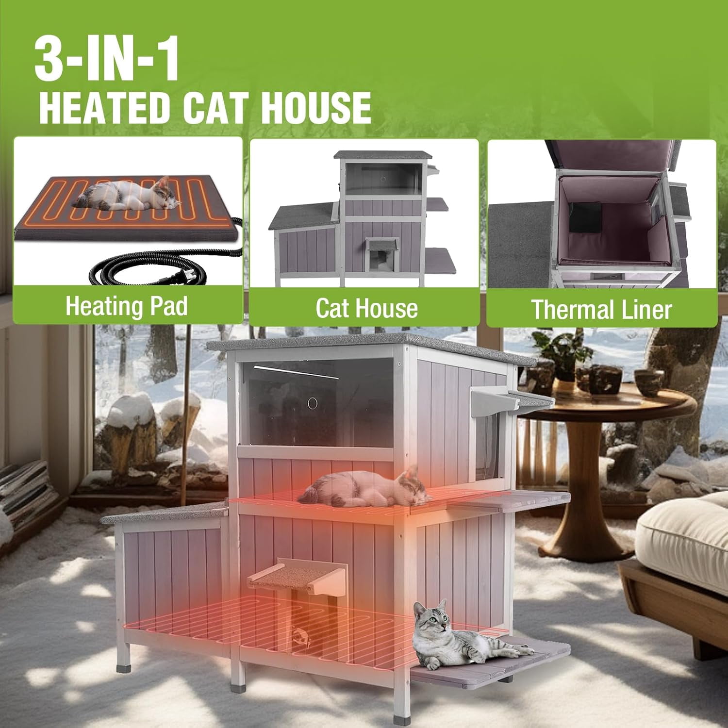 Aivituvin Heated Cat House for Outside Indestructible Outdoor Cat House Insulated Large Weatherproof Feral Cat Shelter with Heating Pad, Insulated Thermal Liner for 1-5 Barn Cats (Winter-Ready)