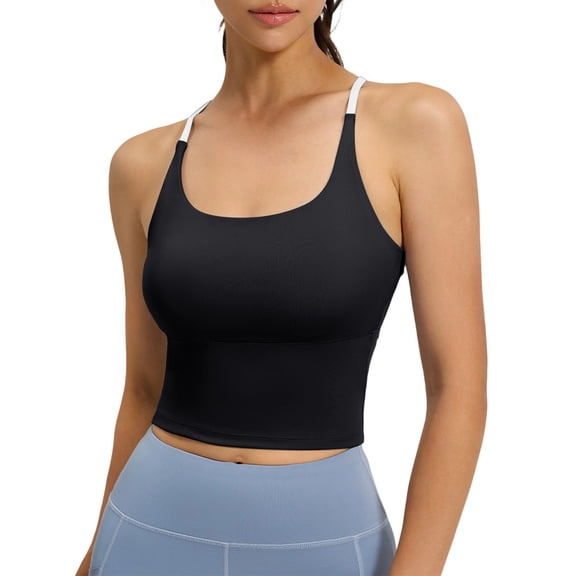 Htigea Women's Sports Yoga Crop Tops Sleeveless Spaghetti Strap Cami Slim Fit Workout Gym Tanks Shirts for Summer Black S