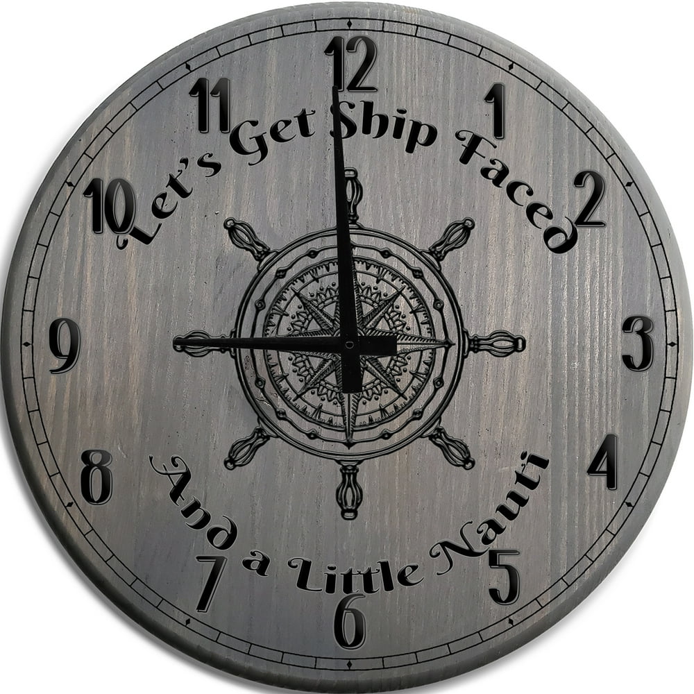 Large Wall Clock Nautical Ship Faced Funny Man Cave Wall Decor Barnwood Gray 14 inch wall decor