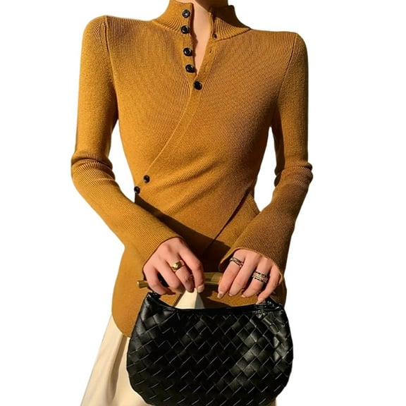 Women'S Knit Basic Sweater Elegant Stand Collar Button Slim Fit - Slit Long Sleeve Pullover Tops Orange Color S