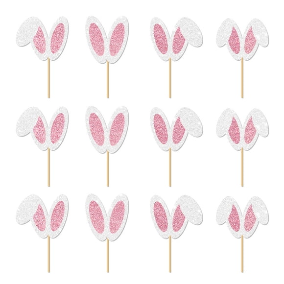 Jierger Easter Cupcake Toppers, Easter Bunny Ear Cupcake Toppers, Glitter P ink Rabbit Ears Cupcake Picks Topper Easter Bunny Rabbit Cake Decorations for Easter Girls Birthday Party Decorations