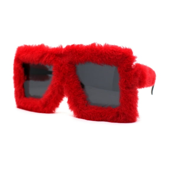Womens Funky Fur Covered Squared Rectangle Oversize Sunglasses Red Black