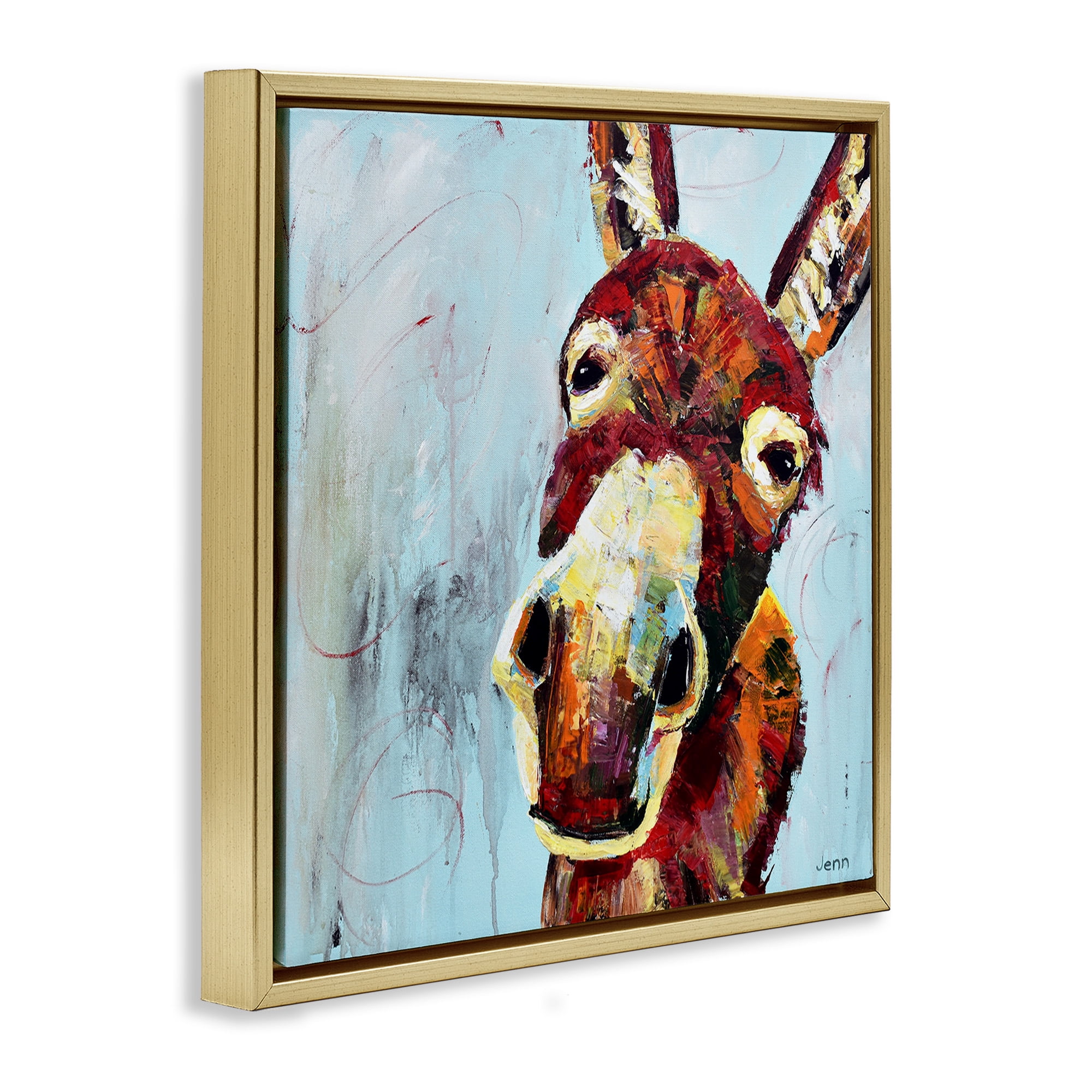 Stupell Industries Donkey Face Blue Background Animals & Insects Painting Gold Floater Framed Canvas Art Print Wall Art, 18 x 18