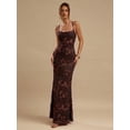 thumbnail image 4 of Coffee Brown Floral Embroidered Spaghetti Strap Maxi Dress For Elegant Evening Occasions, 4 of 6