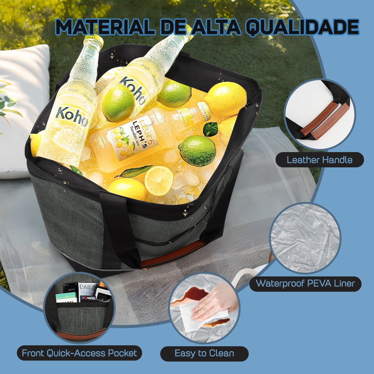 Large 38L Insulated Cooler Tote Bag with Front Pocket and Top Zipper, Collapsible Soft Cooler for Shopping, Beach, Camping, Work,BB1102 Black