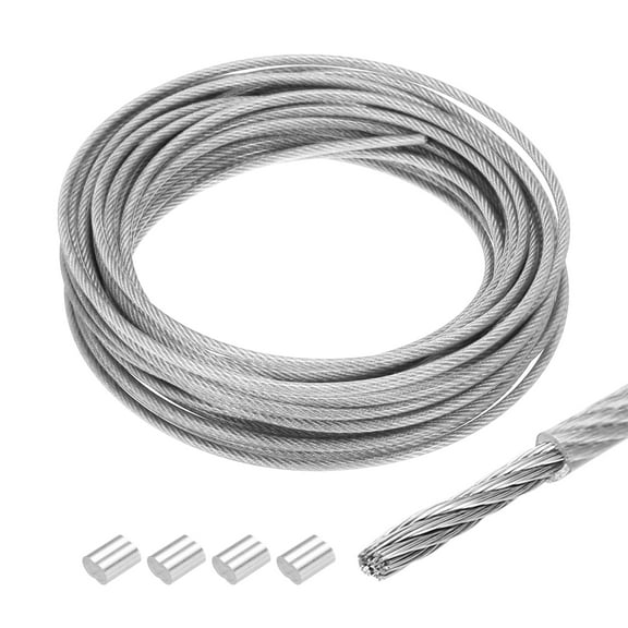 Uxcell 33Ft(10m) Wire Rope 304 Stainless Steel Cable 1/8"(3mm) Vinyl Coated with 4Pcs Aluminum Sleeves Transparent