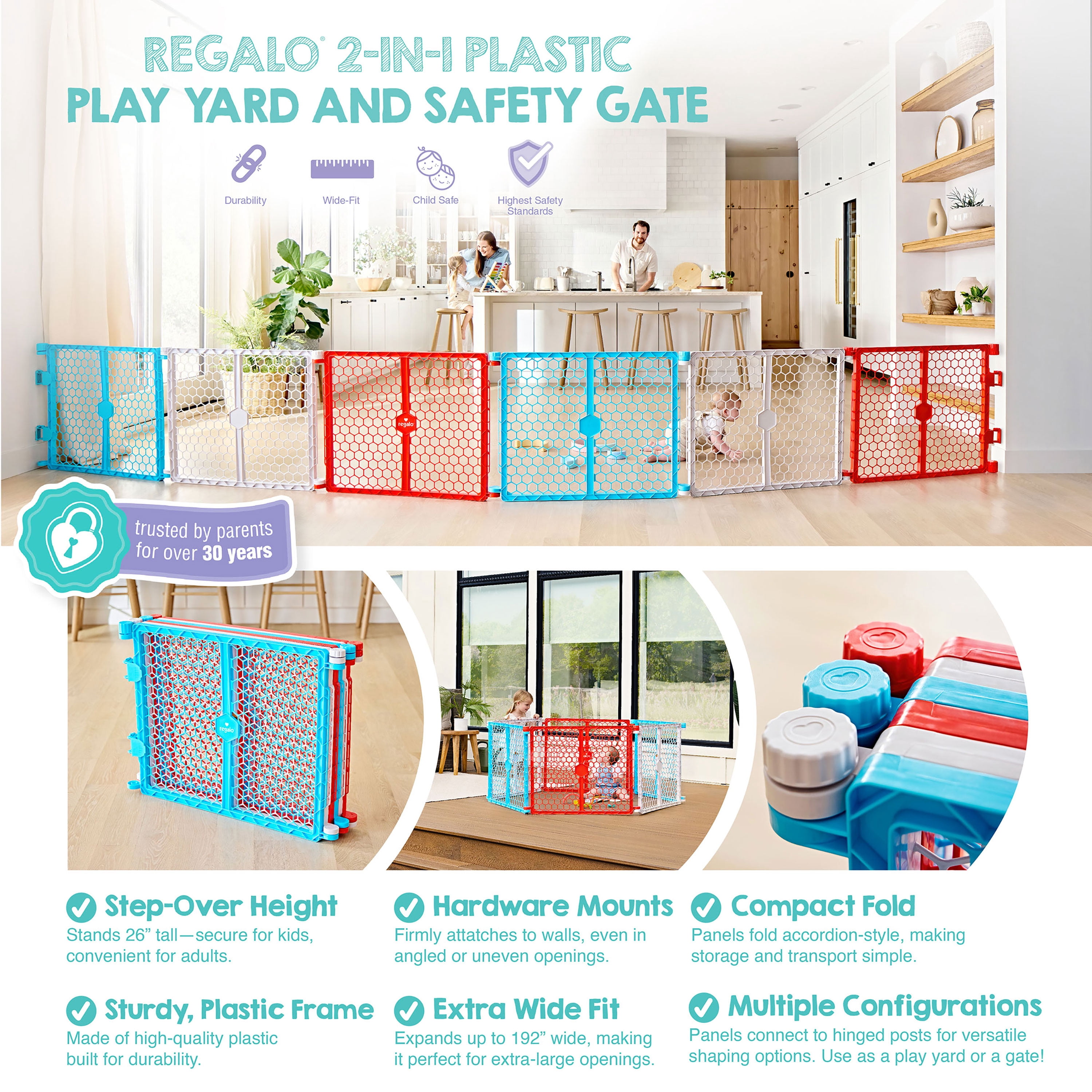 Regalo 2-in-1 Super Wide Baby Safety Gate and Play Yard, 192-Inch Coverage, Ages 6-24 Months, Red/White/Blue