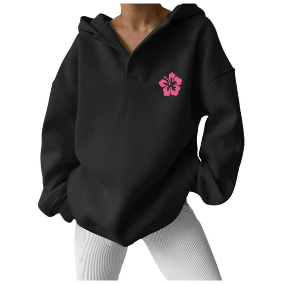 Xudanell Cute Hoodies for Teen Girls Loose Fit Pink Hoodie Baggy Long Sleeve Graphic Sports Shirts Sweatshirts for Women Trendy Black XL