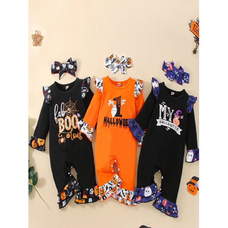 

Halloween Outfits Infant Newborn Baby Girls Clothes Set Autumn Long Sleeve Ruffle Letter Ghost Print Romper Jumpsuit + Headband