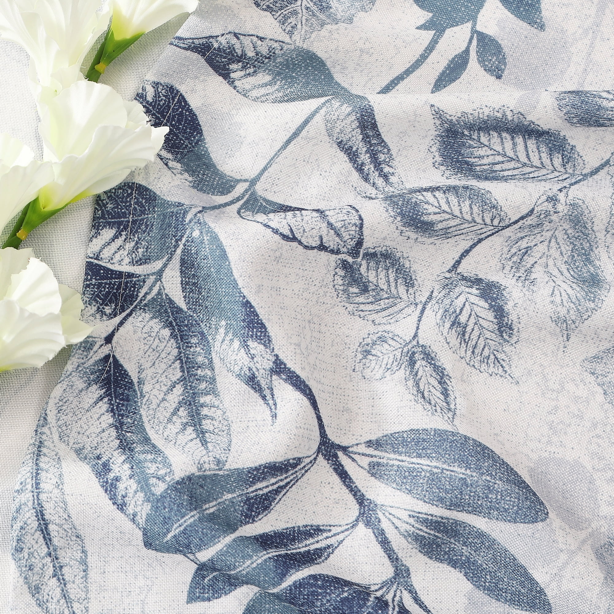 Bohogeo Linen Curtains for Living Room 84 inch Length Leaf Print Botanical Sheer Curtains Natural Texture Soft Touch Light Filtering Privacy Protect Drapes, Blue, 55" Wide, Set of 2 Panel