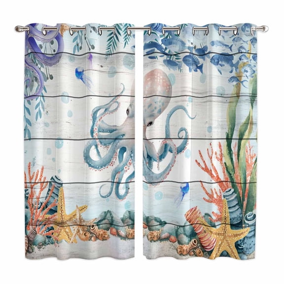 Octopus Coastal Kitchen Curtains Window Panels, Summer Nautical Starfish Coral Grey Wooden Insulated Window Treatment Curtain, Grommet Curtains for Bedroom/Living Room/Bathroom, 2 Piece 42"Wx63"L