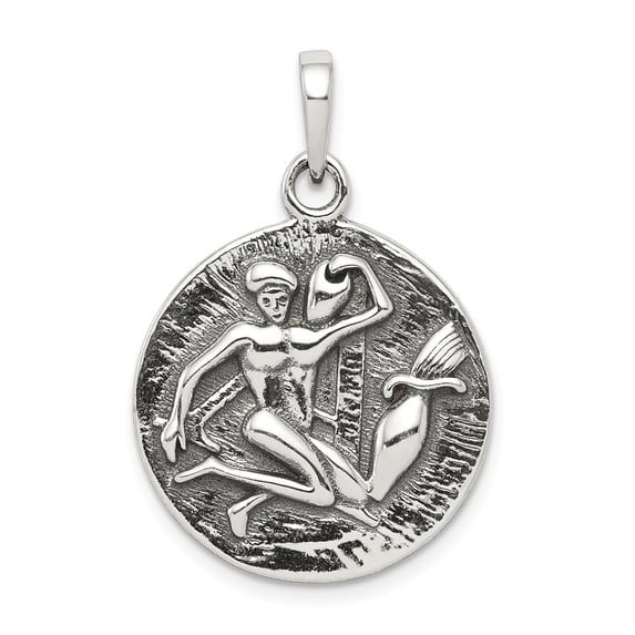 Sterling Silver Polished Antique Finish Aquarius Horoscope Pendant