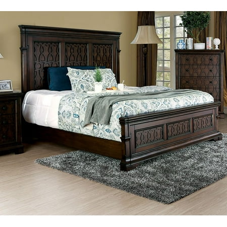 Bedroom Furniture Modern 1pc Queen Size Bed Walnut Finish Decorative Headboard Tall Panel Solid Wood Bedframe