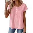 thumbnail image 4 of Xdegoge Linen Blouse for Women Round Neck Short Sleeve Pin Tuck Pleated Front Button Down Detail Casual Loose Fit Solid Color Airy Chiffon Feel Dressy Work Office Summer Business Tops, 4 of 7