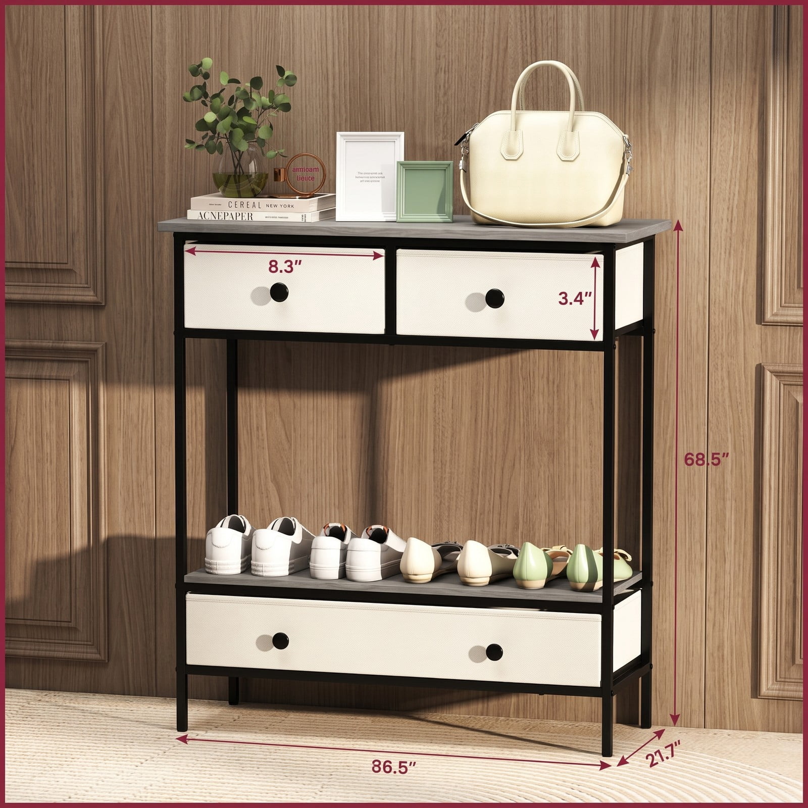 Furnibear Farmhouse Console Table with 3 Fabric Drawers and Open Storage Shelf and Metal Frame for Hallway and Entryway, Gray