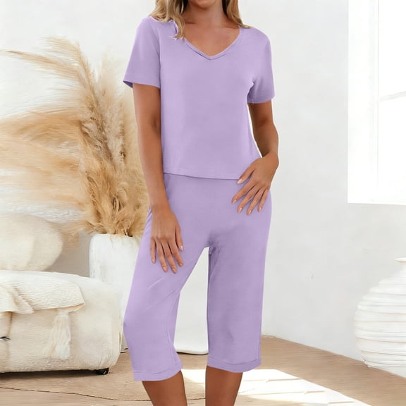 gbyLJF 2 Piece Sets for Women Casual Summer Outfits Sets V Neck Short Sleeve Shirts and Wide Leg Cropped Pants Spring Sets