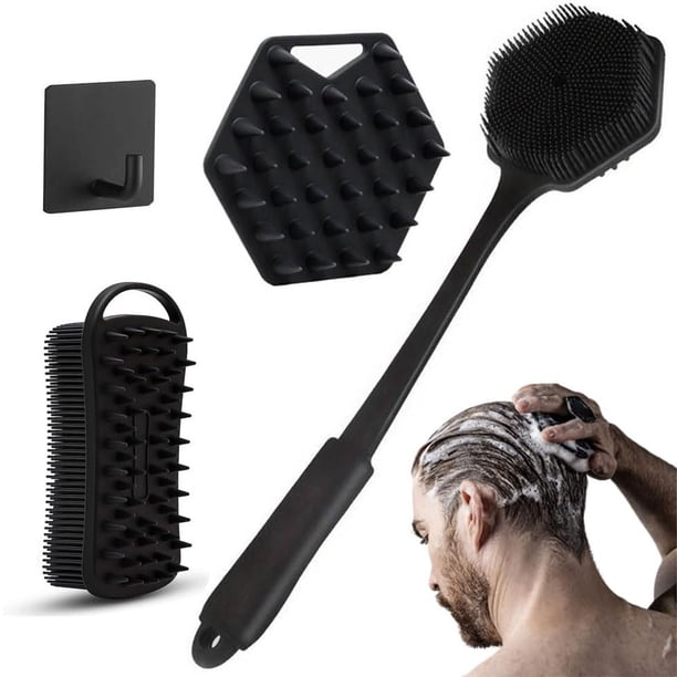 Juego de cepillos corporales que incluye un cepillo de ducha de espalda con mango largo, un masajeador de cuero cabelludo, un cepillo de ducha de doble cara y un gancho. (black)