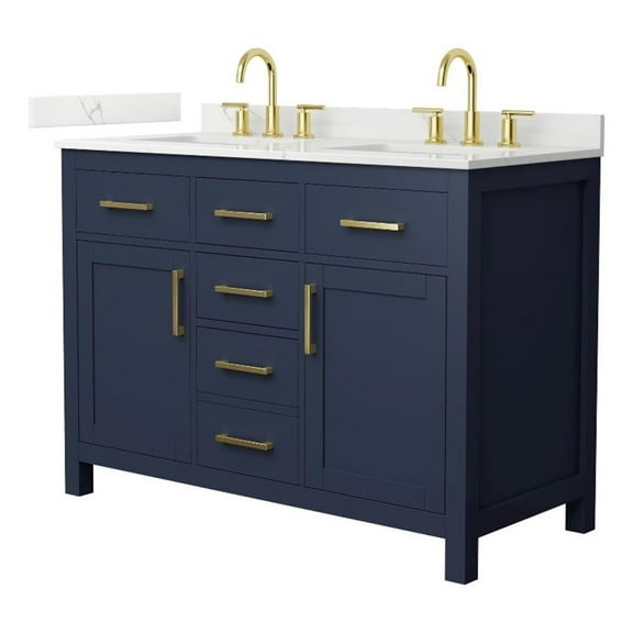 Beckett 48" Dark Blue Double Vanity & Giotto Quartz Top (3-Hole) & Gold Trim