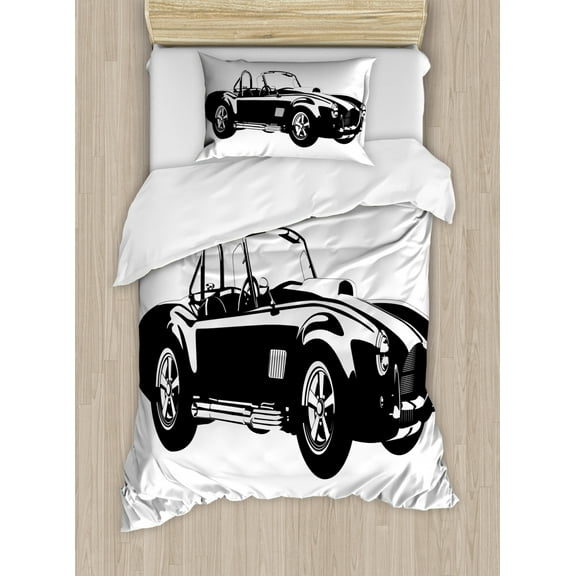 Cars Duvet Cover Set Twin Size, Silhouette Classic Sport Car Ac Cobra Roadster American Antique Engine Autosport, Decorative 2 Piece Bedding Set with 1 Pillow Sham, Black White, by Ambesonne
