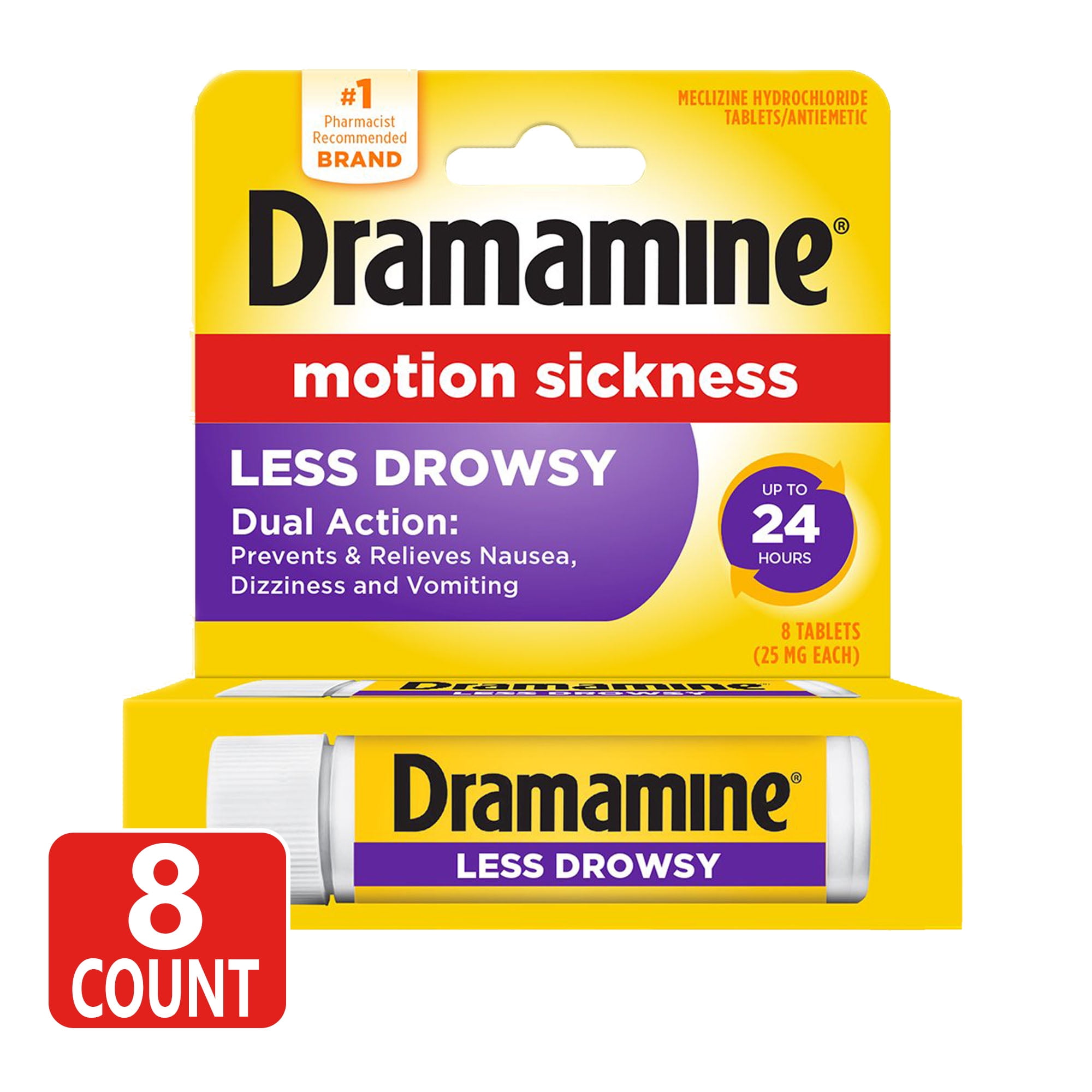 Dramamine Motion Sickness Relief, All Day Less Drowsy, 8 Count