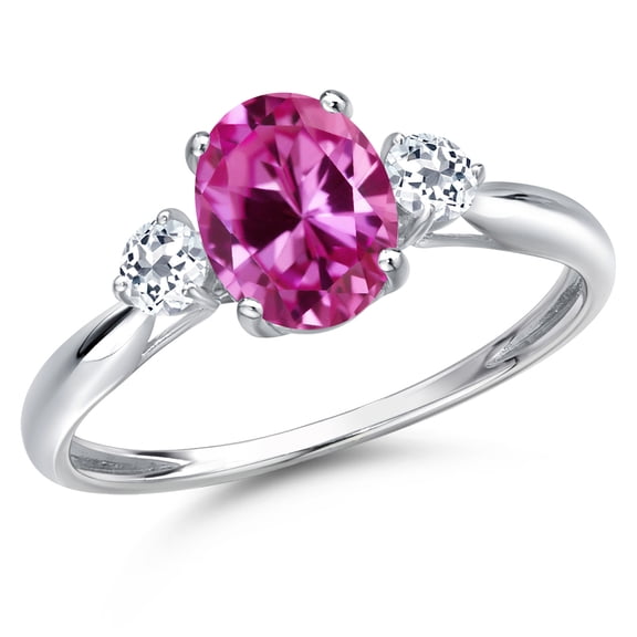 Gem Stone King 10K White Gold Pink Created Sapphire and White Topaz 3-Stone Ring for Women | 1.93 Cttw | Oval 8X6MM | Gemstone September Birthstone | Size 8