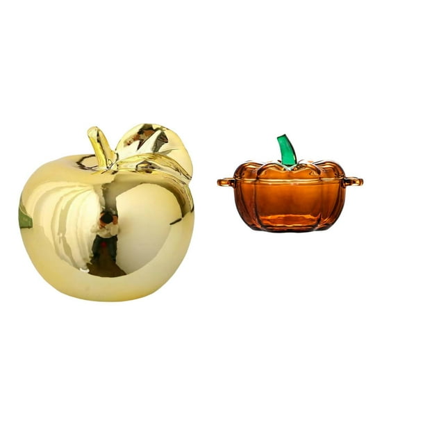 Adorno de cerámica con forma de fruta, con tapa en forma de calabaza. Ideal como dulcero, tarro para , escritorio, porches, restaurantes u ofi