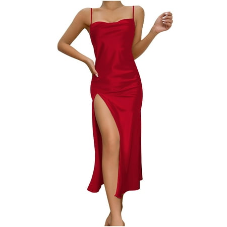 TMOYZQ Womens Elegant Satin Silky Nightgown Babydoll Lingerie Sleepwear Spaghetti Strap Cowl Neck Full Slip High Split Nightie Bridal Nightdress
