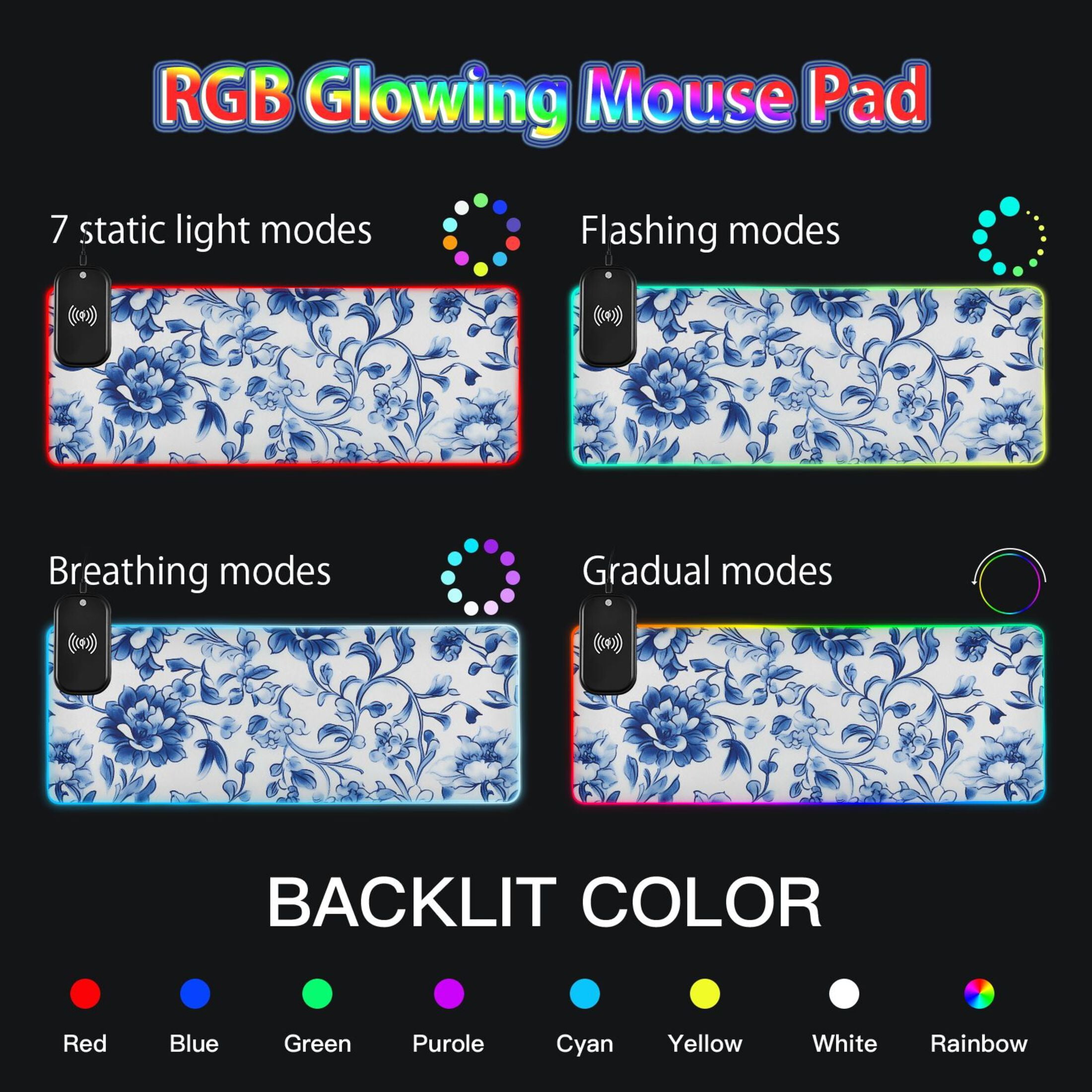 RGB Gaming Mouse Pad 15W Wireless Charging Large Waterproof Desk Mat 13 Light Modes Mousepad 31.5x11.8 Blue and White Porcelain Floral