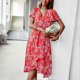 thumbnail image 3 of Women Dress V Neck Ruffle Hem Short Sleeve Split A Line Flared for Summer Spring, 3 of 4