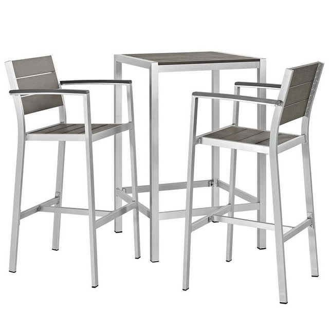 Modway Shore 3-Piece Wood & Aluminum Patio Pub Set in Silver and Gray