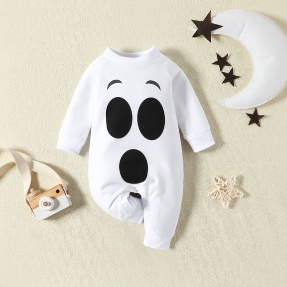 FASHOFT Baby Boy Halloween Outfit Pumpkin Ghost Print Long Sleeve Romper Jumpsuit For Baby Halloween Cosplay Party Daily Wear Toddler Halloween White 3-6 Months