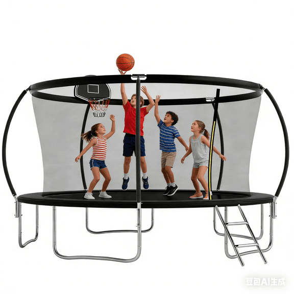 SENCHO GINSYTALIOR 14FT Outdoor Trampoline for Kids and Adults, Backyard Trampoline with Basketball Hoop , Enclosure Net and Ladder, Heavy Duty Trampoline Capacity for 2-6 Kids(14FT,Black)