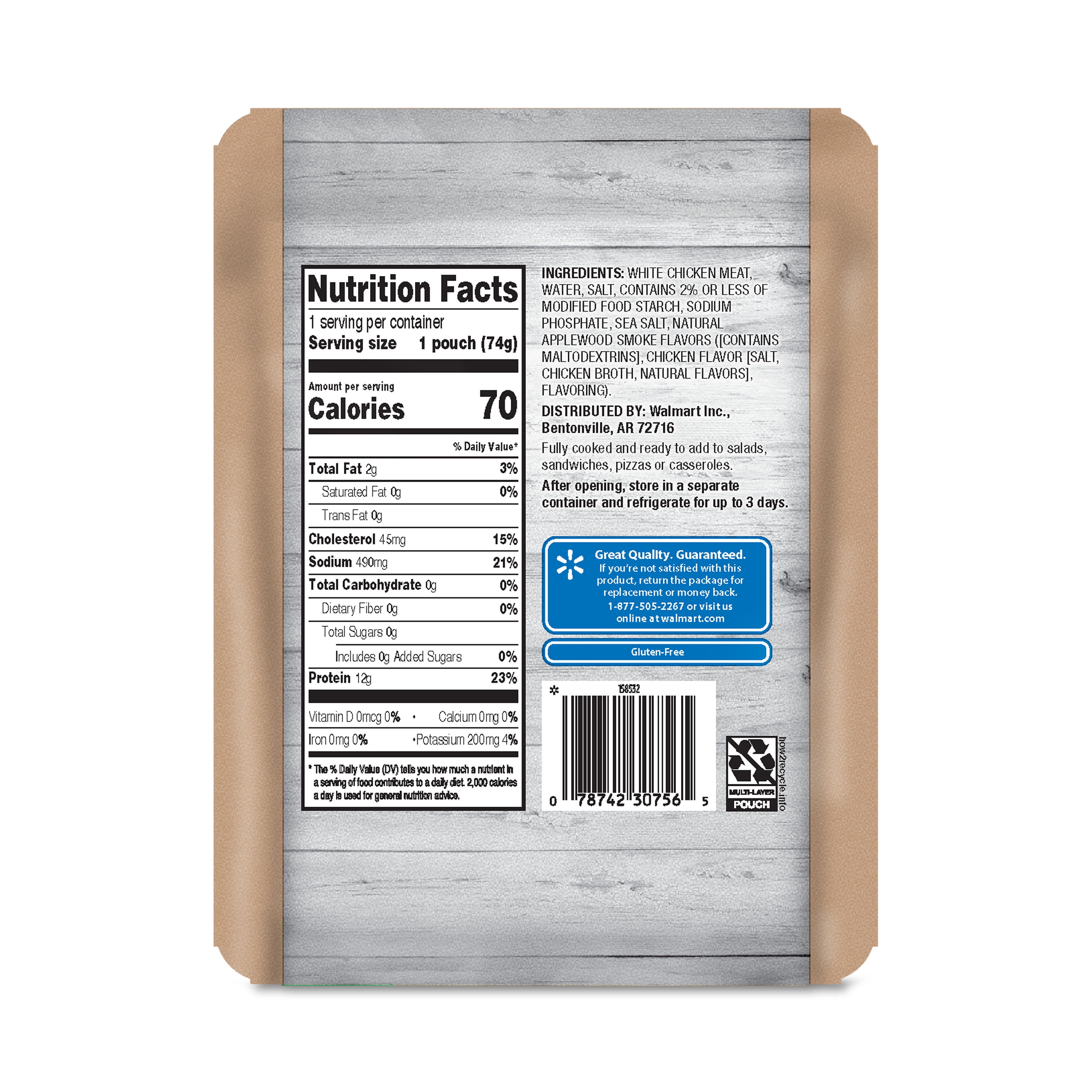 Great Value Premium Applewood Smoked Fully Cooked White Chicken Pouch, 2.6 oz