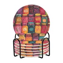 Yayeee 6 PCS Drink Coasters with Holder Set Woven Absorbent Round Tabletop Hot Pad, Purple Jar